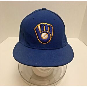 New Era Milwaukee Brewers Baseball Mens‎ 7 1/4 Cap Hat Glove Logo Blue 59Fifty